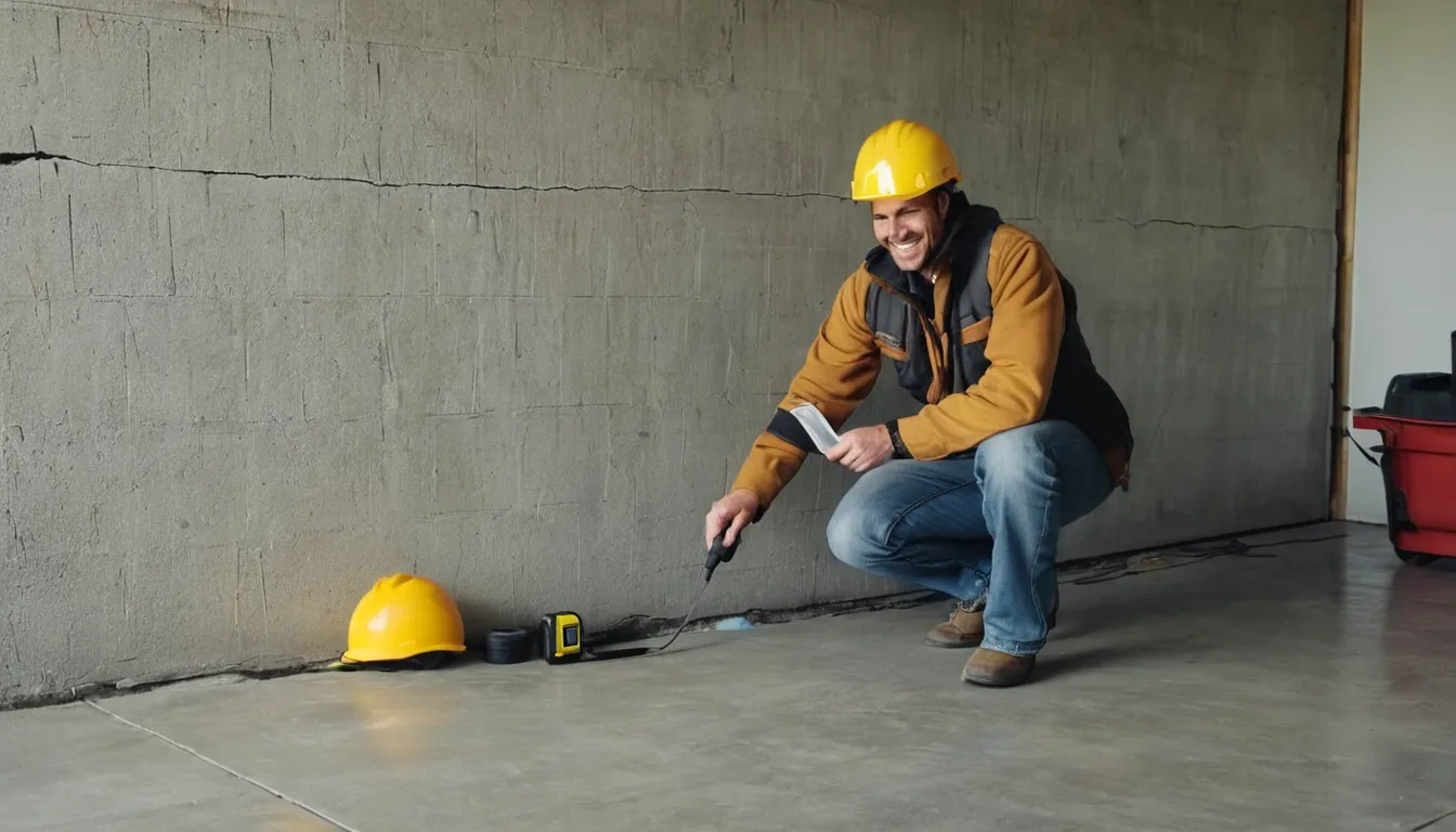 A homeowner photographing a cracked concrete garage floor to prepare for an estimate