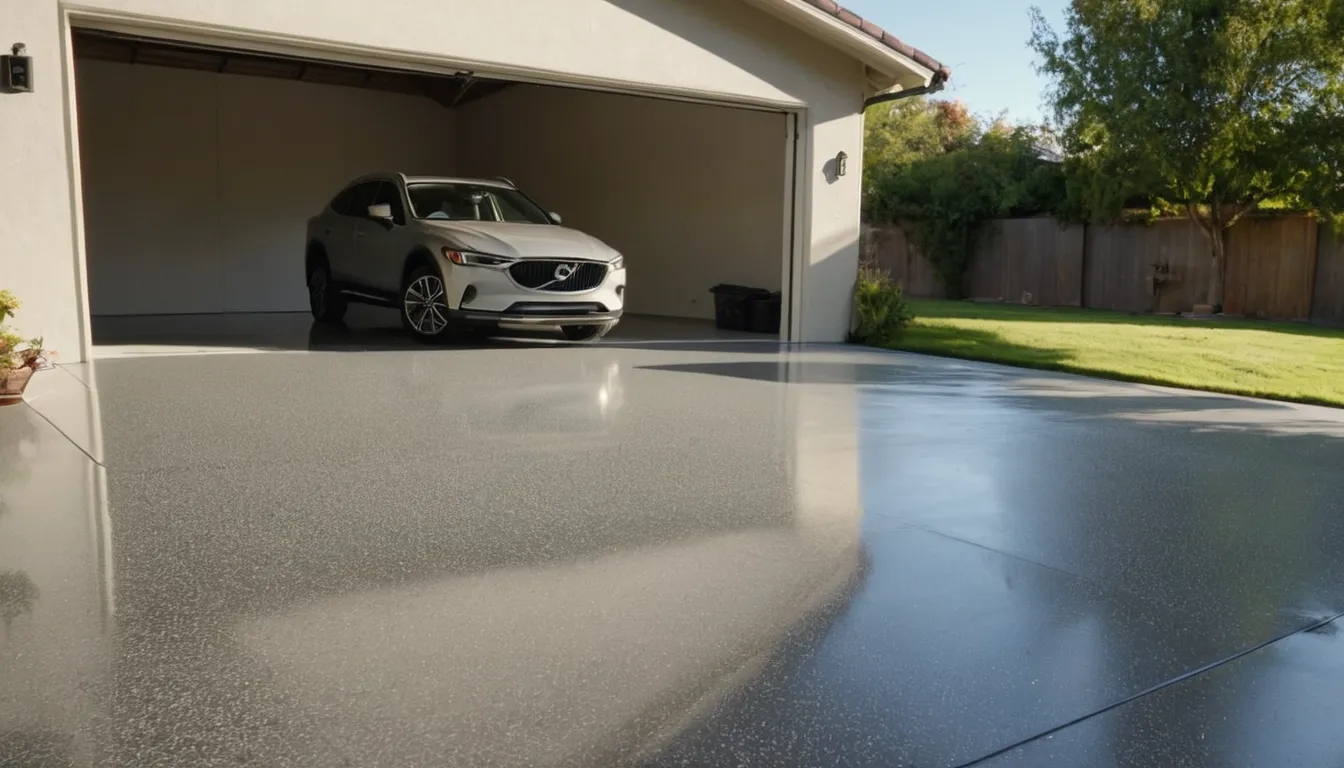 A clean, newly coated epoxy garage floor in a stucco home near Vallejo
