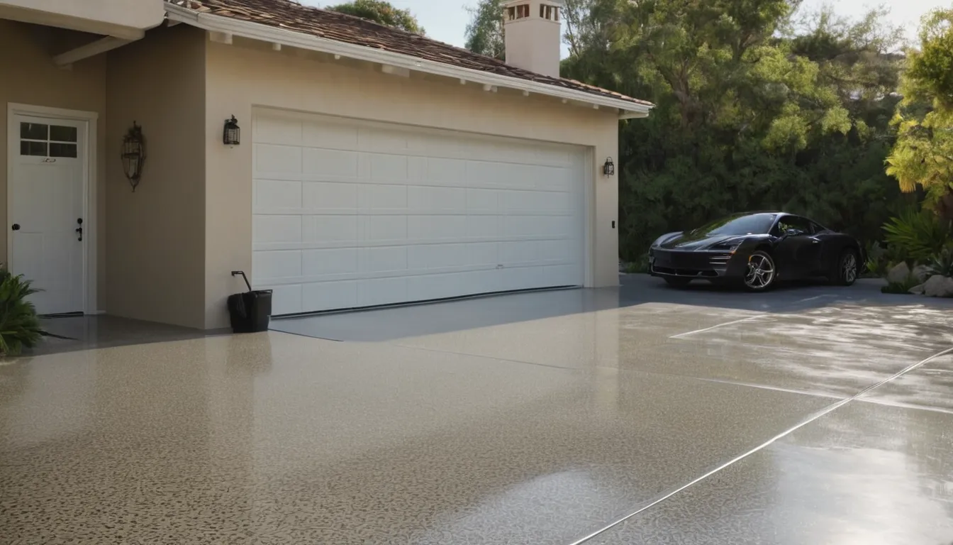 Freshly coated polyaspartic garage floor with gray flakes in a Vallejo home